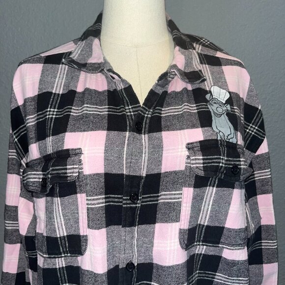 DISNEY LA RATATOUILLE REMY Plaid Flannel Button Down Pink & Black Ombre Shirt  L - Picture 2 of 13